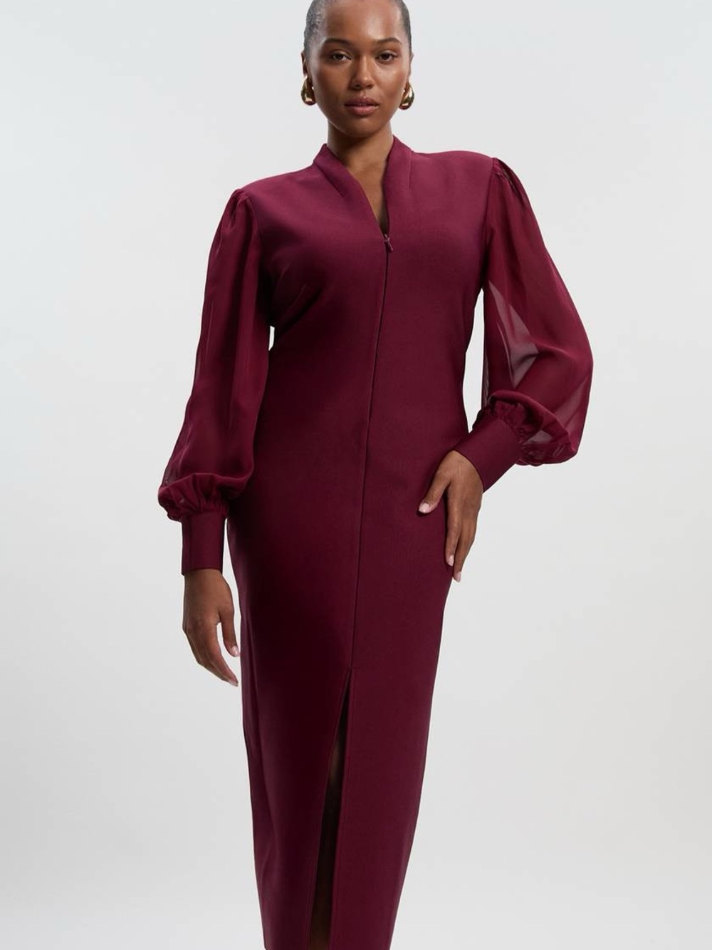 KARENMILLEN PLUS SIZE FIGURE BANDAGE FIGURE FORM ZIP DETAIL CHIFFON SLEEVE KNIT